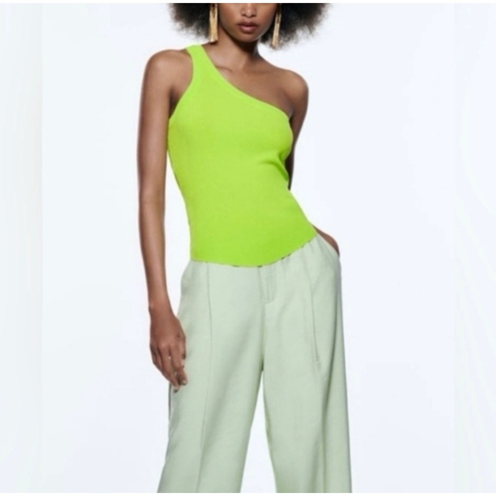 Zara Small Neon Lime Green One Shoulder‎ Ribbed Top Clubwear Techwear Y2K Casual
